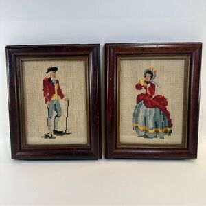 VTG Framed & Finished Needlepoint Colonial Man and Woman Couple Pair‎ Set of 2